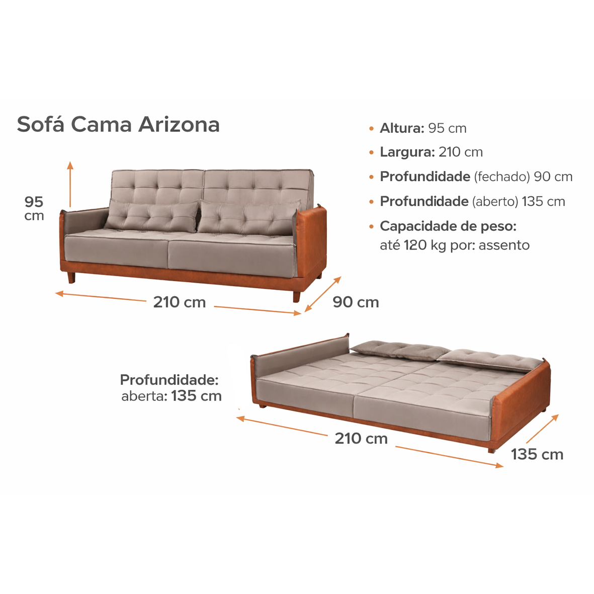 Sofá Cama Arizona 210cm Estofado D28 Linho/Corino Sala Multiuso Sofá que Vira Cama