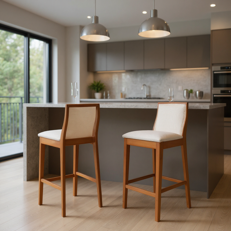Kit Conjunto Banqueta Arizona em Madeira Maciça com Assento Estofado em Linho e Encosto Tela Sling — Conforto e Estilo para Cozinha Gourmet