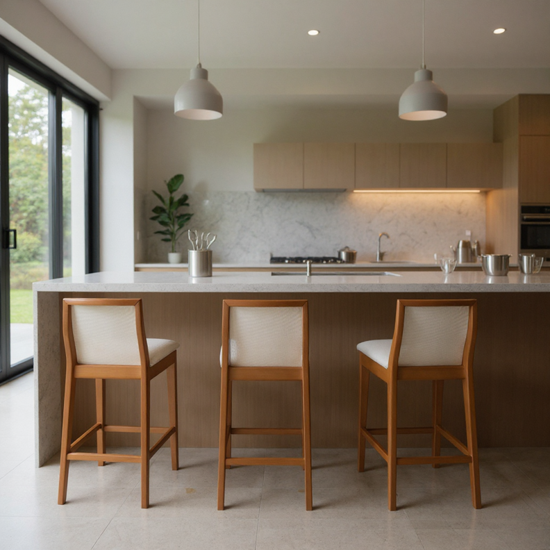 Kit Conjunto Banqueta Arizona em Madeira Maciça com Assento Estofado em Linho e Encosto Tela Sling — Conforto e Estilo para Cozinha Gourmet