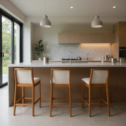 Kit Conjunto Banqueta Arizona em Madeira Maciça com Assento Estofado em Linho e Encosto Tela Sling — Conforto e Estilo para Cozinha Gourmet