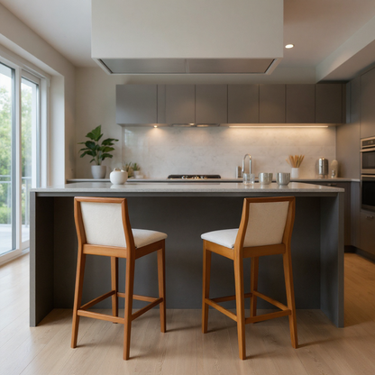 Kit Conjunto Banqueta Arizona em Madeira Maciça com Assento Estofado em Linho e Encosto Tela Sling — Conforto e Estilo para Cozinha Gourmet