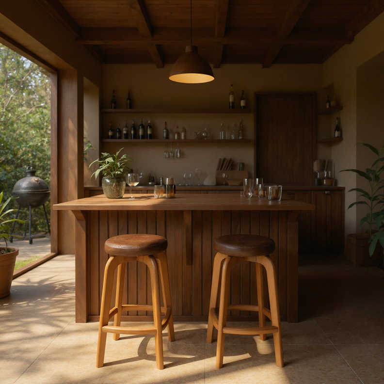 Banqueta de Bar em Madeira Maciça com Assento Estofado em Courino — Conforto e Estilo para Cozinha Gourmet