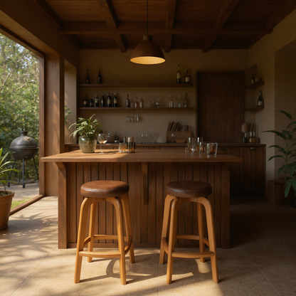 Banqueta de Bar em Madeira Maciça com Assento Estofado em Courino — Conforto e Estilo para Cozinha Gourmet
