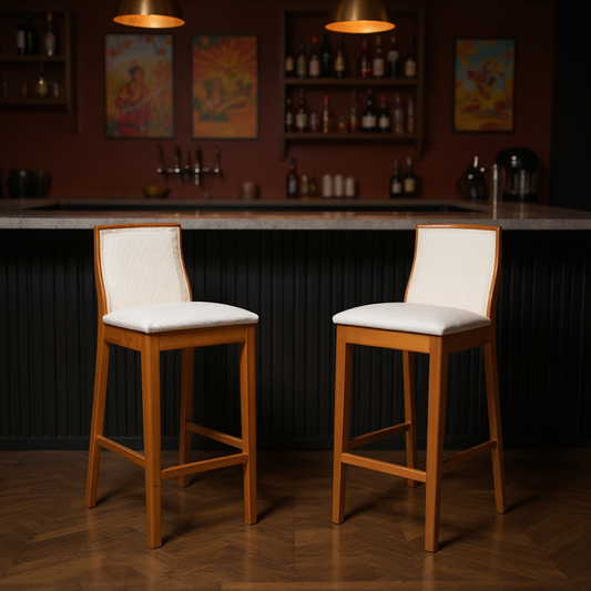 Kit Conjunto Banqueta Arizona em Madeira Maciça com Assento Estofado em Linho e Encosto Tela Sling — Conforto e Estilo para Cozinha Gourmet