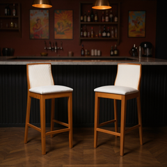 Kit Conjunto Banqueta Arizona em Madeira Maciça com Assento Estofado em Linho e Encosto Tela Sling — Conforto e Estilo para Cozinha Gourmet