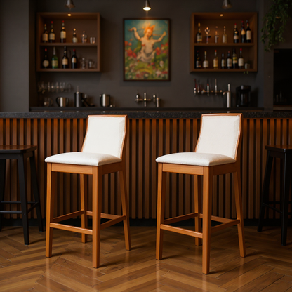 Kit Conjunto Banqueta Arizona em Madeira Maciça com Assento Estofado em Linho e Encosto Tela Sling — Conforto e Estilo para Cozinha Gourmet