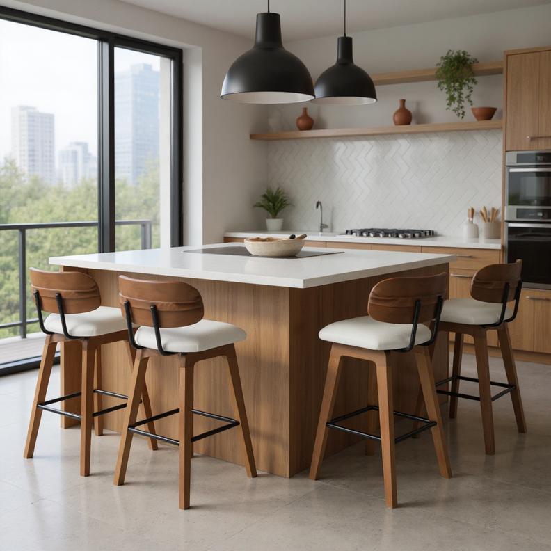 Kit 2 Banquetas Aurora em Madeira Maciça com Assento Estofado e Encosto Anatômico — Conforto para Cozinha Gourmet